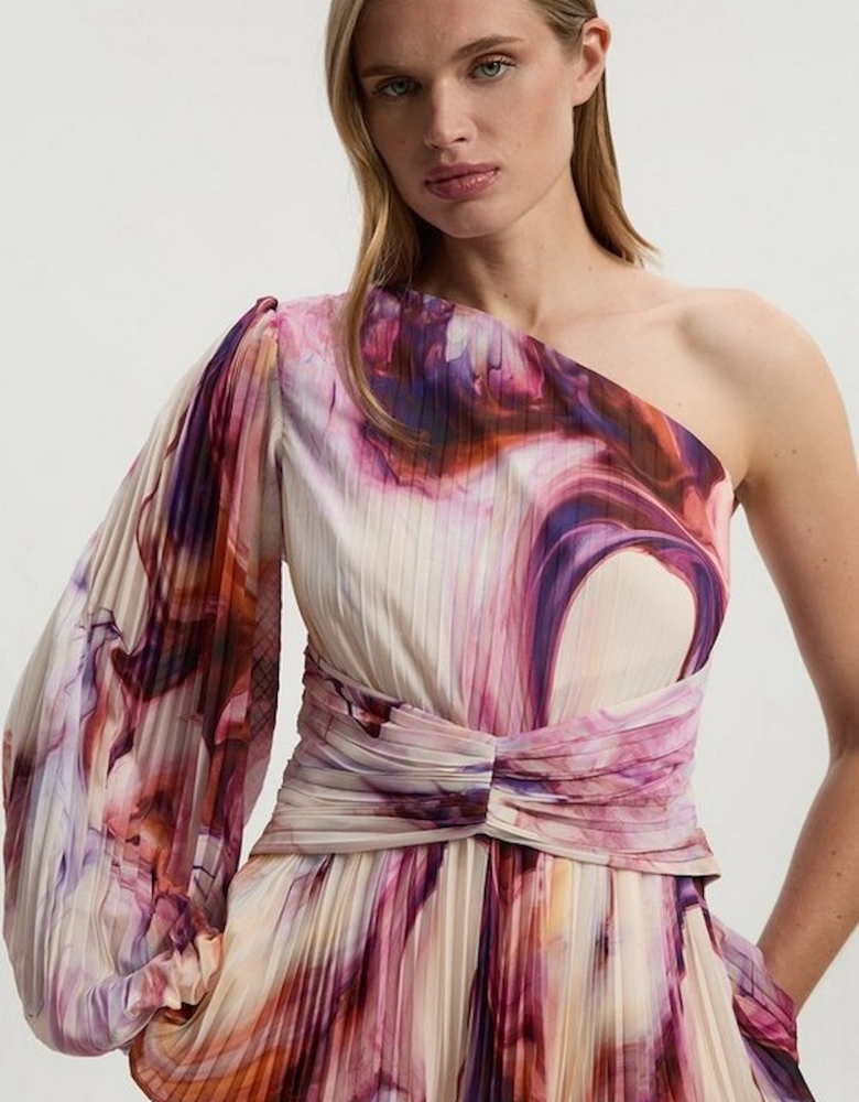 Marble Soft Pleated One Shoulder Blouse