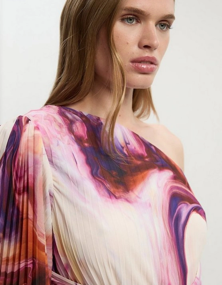 Marble Soft Pleated One Shoulder Blouse