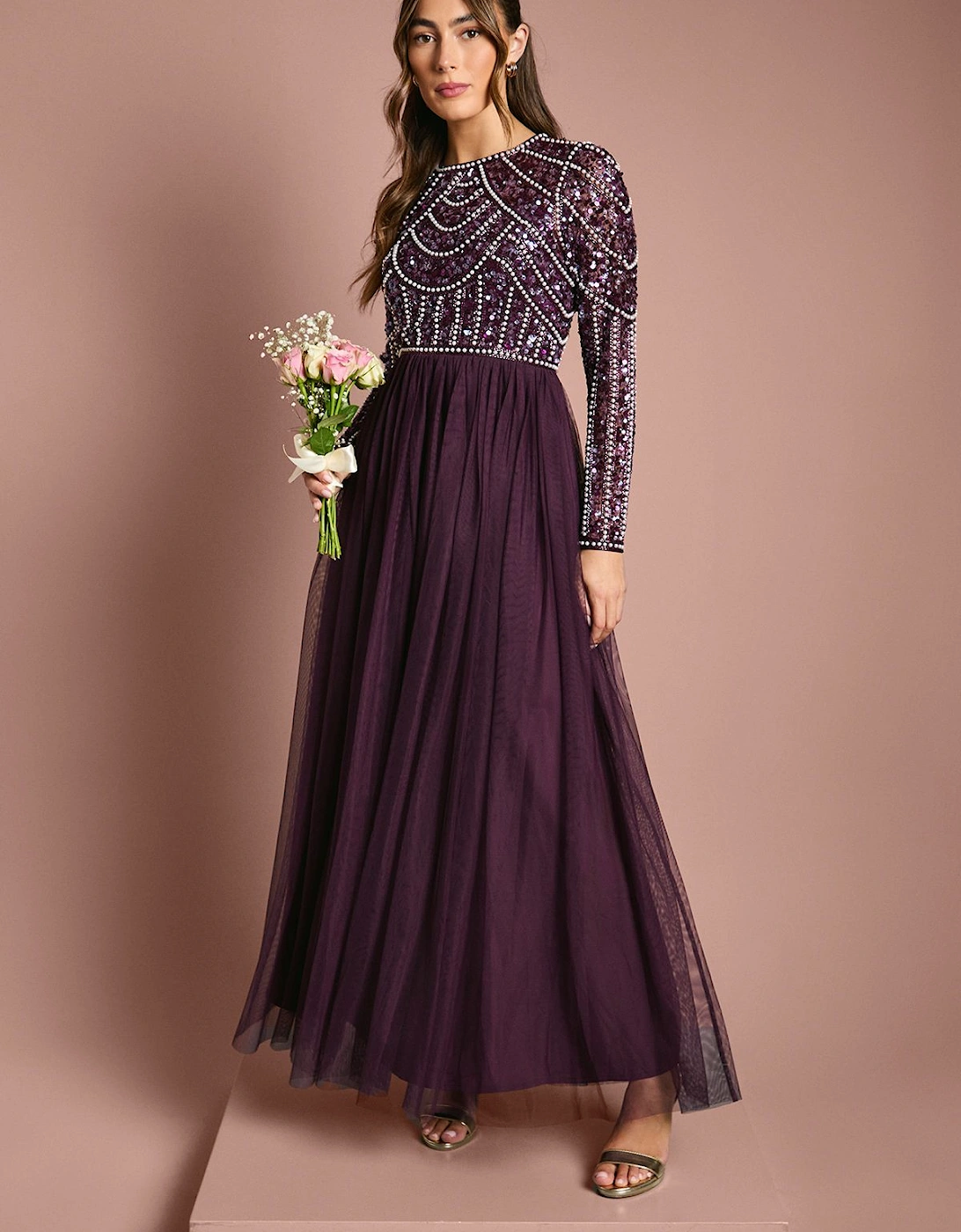 Honoured Long Sleeve Sequin Bodice Tulle Skirt Maxi Bridesmaid Dress, 2 of 1