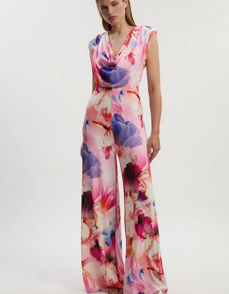 Tall Floral Printed Drapey Jersey Cowl Neck Wide Leg Jumpsuit