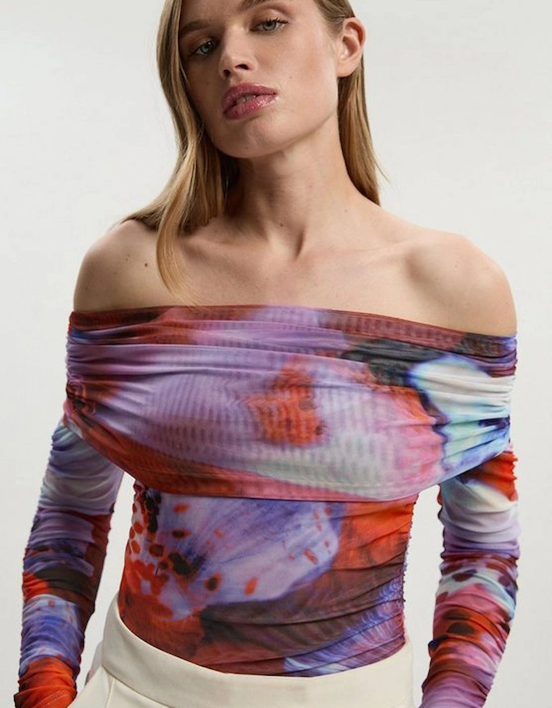 Floral Printed Mesh Off The Shoulder Bodysuit, 2 of 1