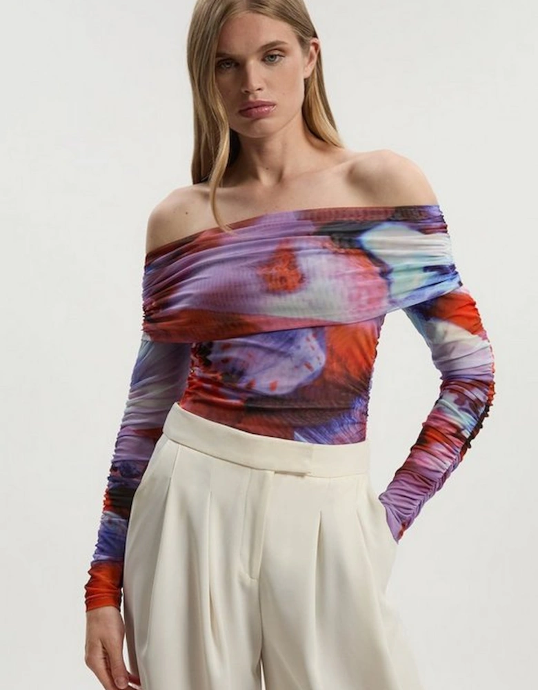 Floral Printed Mesh Off The Shoulder Bodysuit
