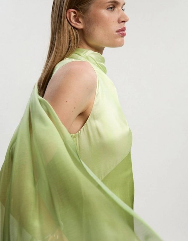 Ombre Satin Drape Georgette Cape Detail Midi Dress