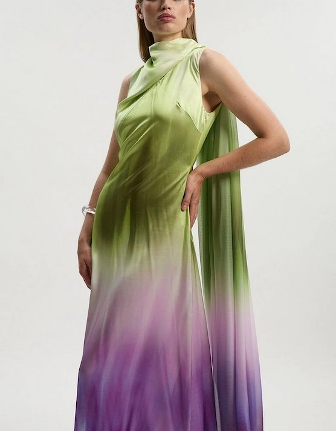 Ombre Satin Drape Georgette Cape Detail Midi Dress, 4 of 3