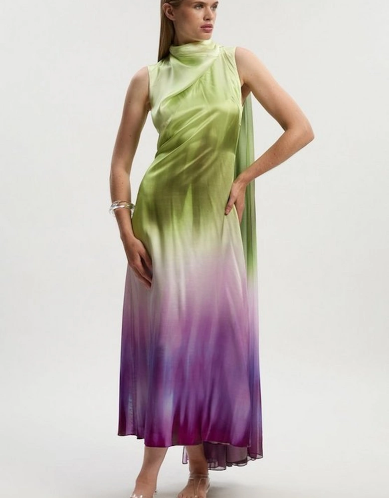 Ombre Satin Drape Georgette Cape Detail Midi Dress