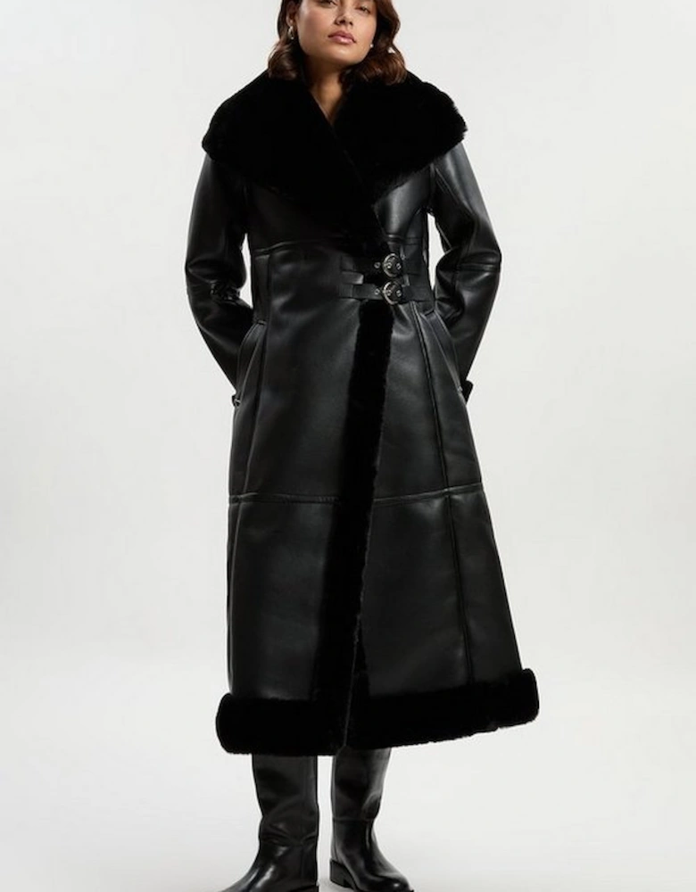 Faux Shearling Oversize Collar Buckle Midi Coat