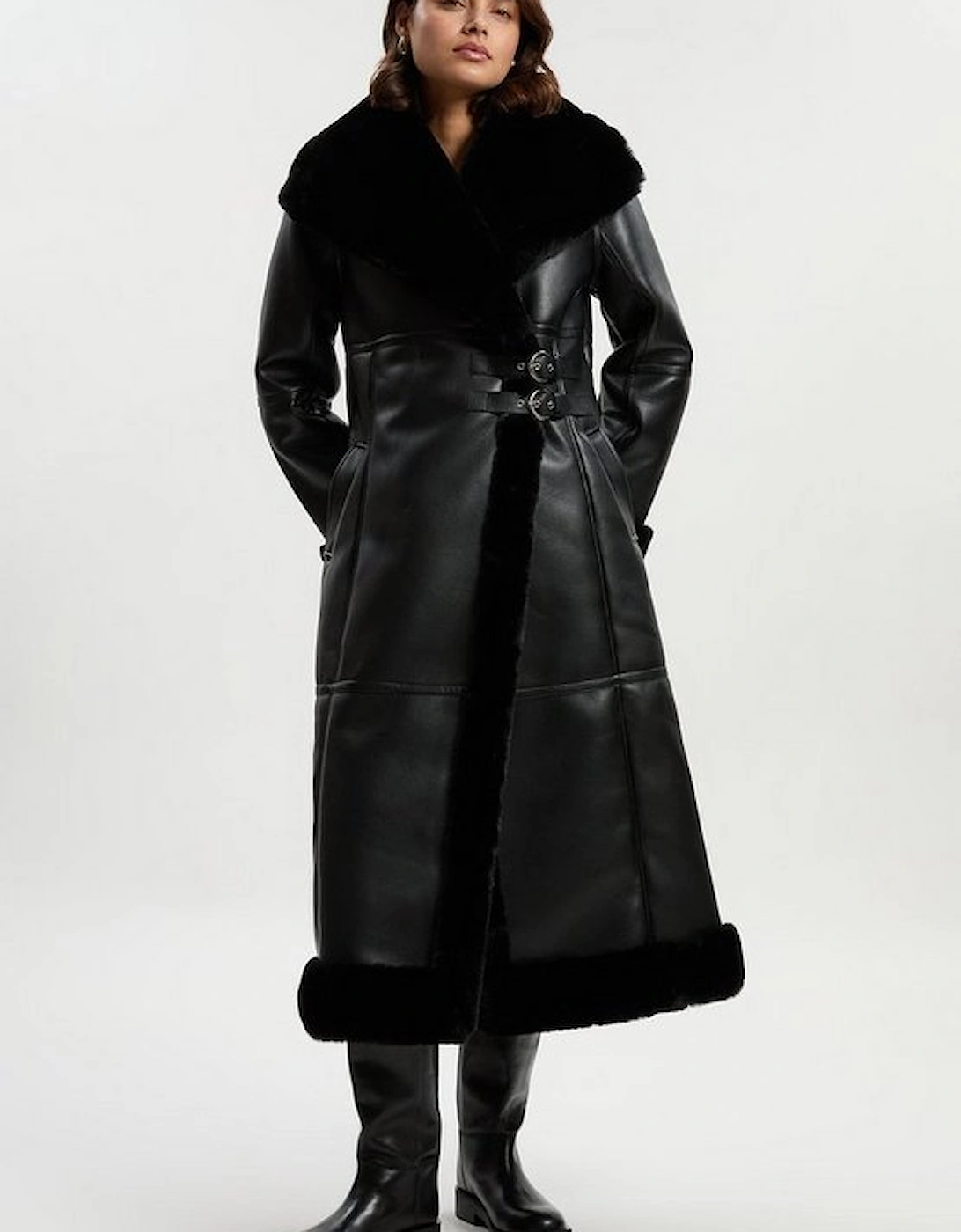 Faux Shearling Oversize Collar Buckle Midi Coat, 2 of 1
