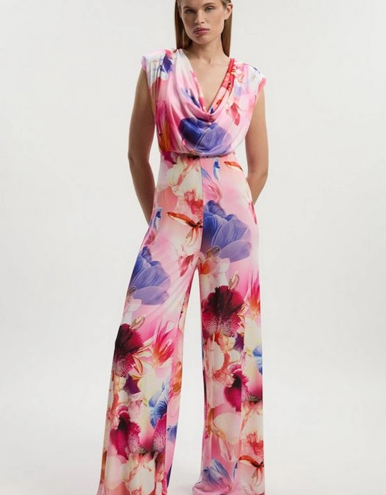 Floral Printed Drapey Jersey Cowl Neck Wide Leg Jumpsuit