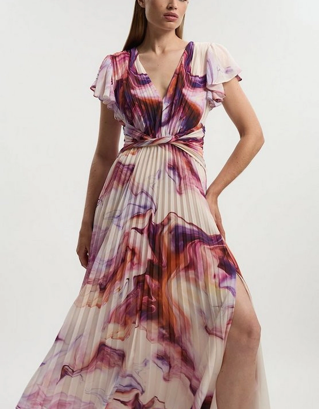 Marble Soft Pleated V Neck Woven Maxi Dress, 2 of 1