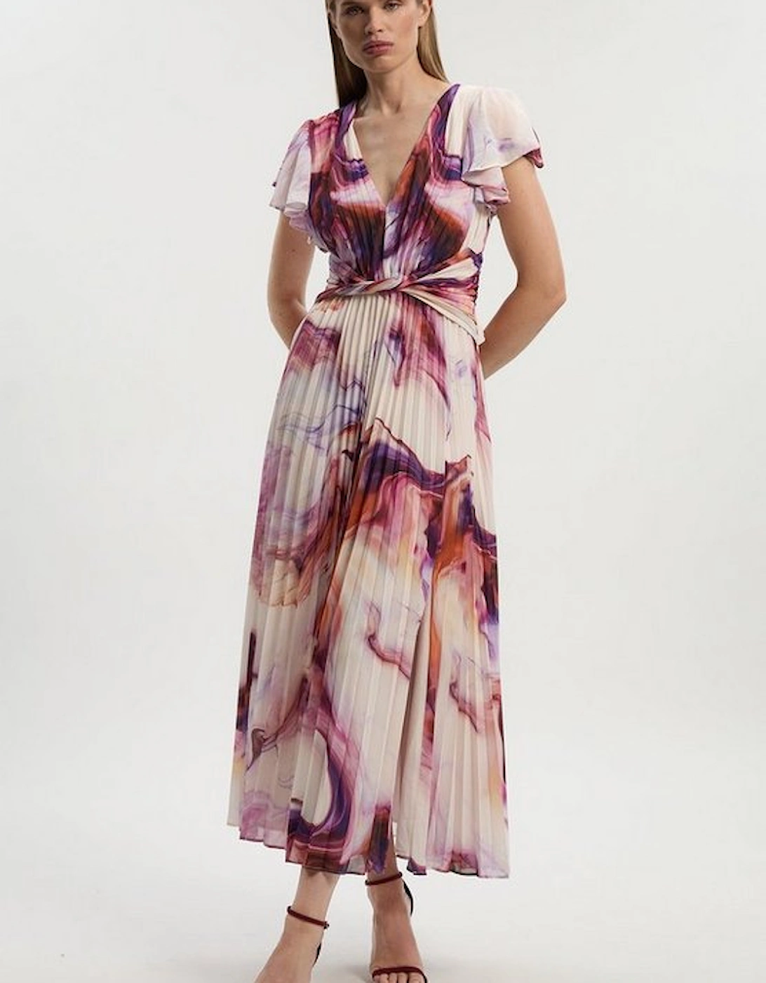 Marble Soft Pleated V Neck Woven Maxi Dress
