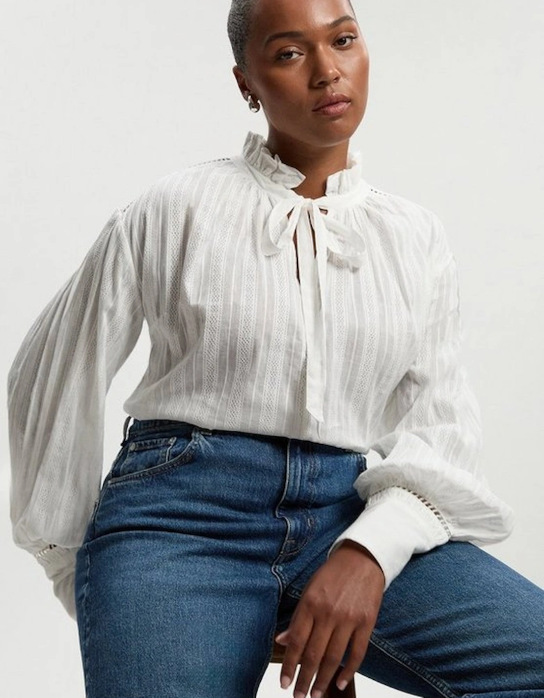 Plus Size Cotton With Lace Trim Insert High Neck Puff Sleeve Blouse