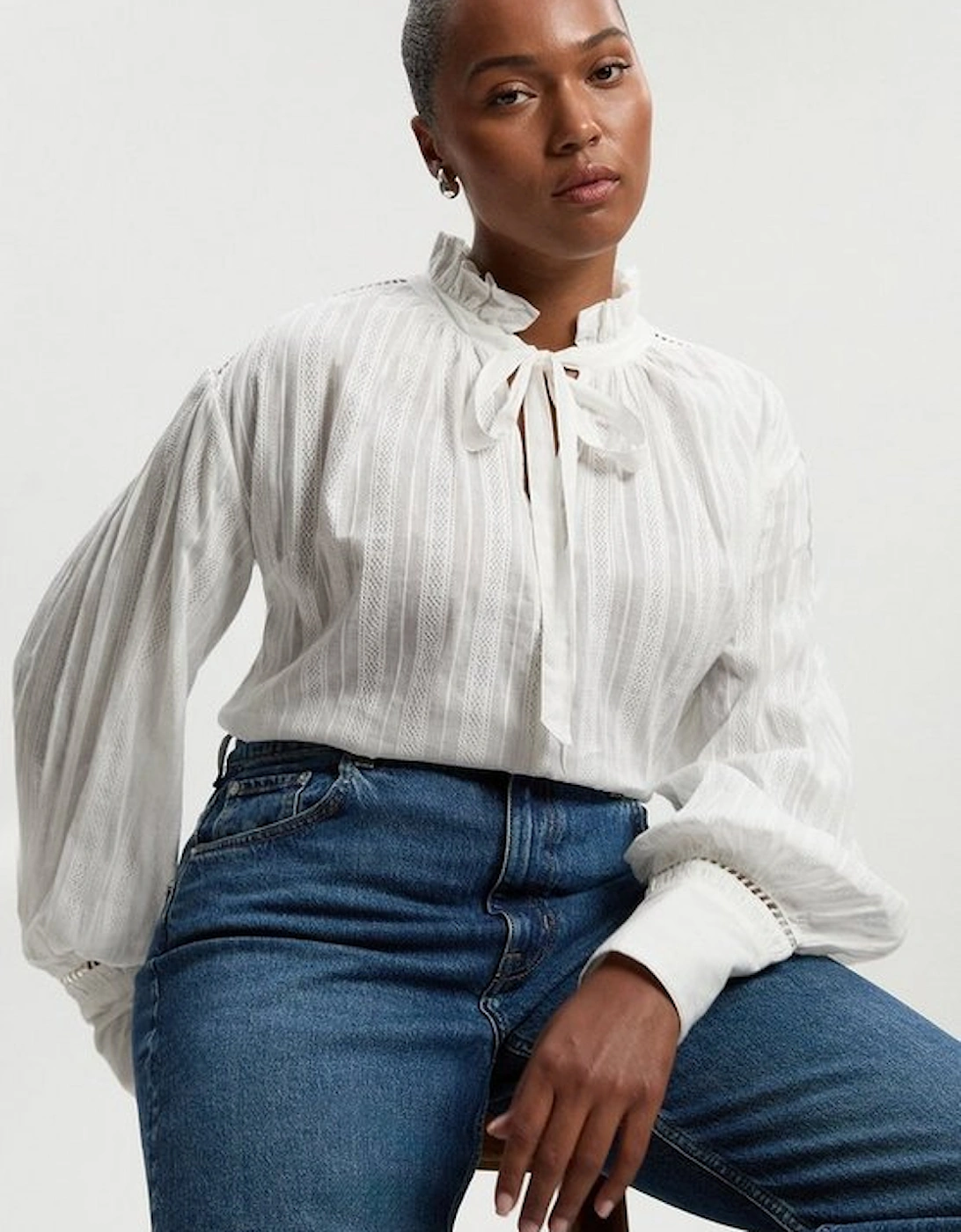 Plus Size Cotton With Lace Trim Insert High Neck Puff Sleeve Blouse, 2 of 1