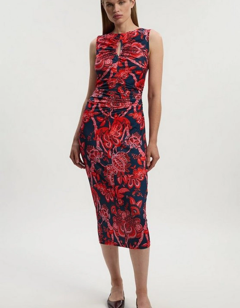 Paisley Floral Jersey Crepe Cut Out Neck Midi Dress