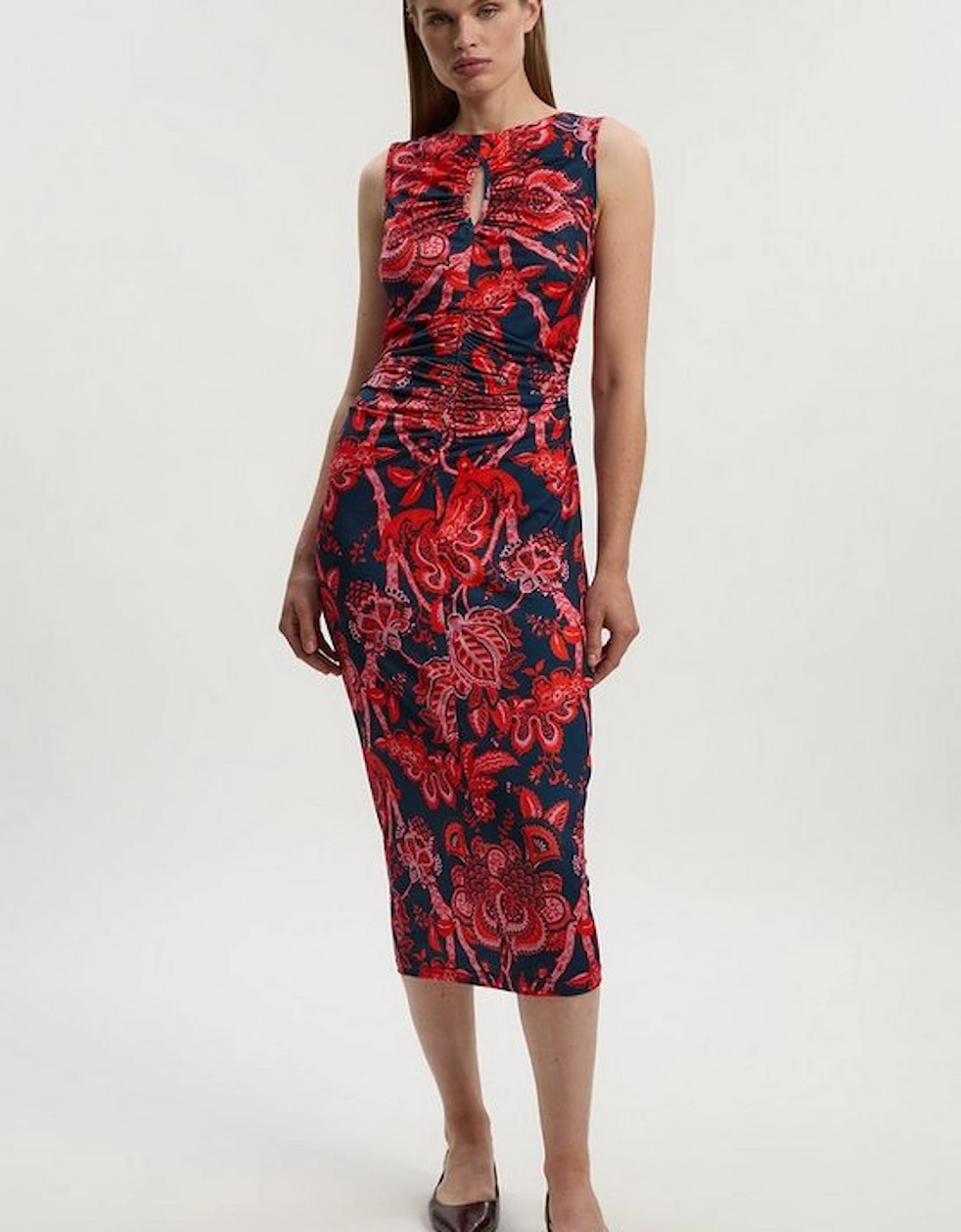 Paisley Floral Jersey Crepe Cut Out Neck Midi Dress, 2 of 1