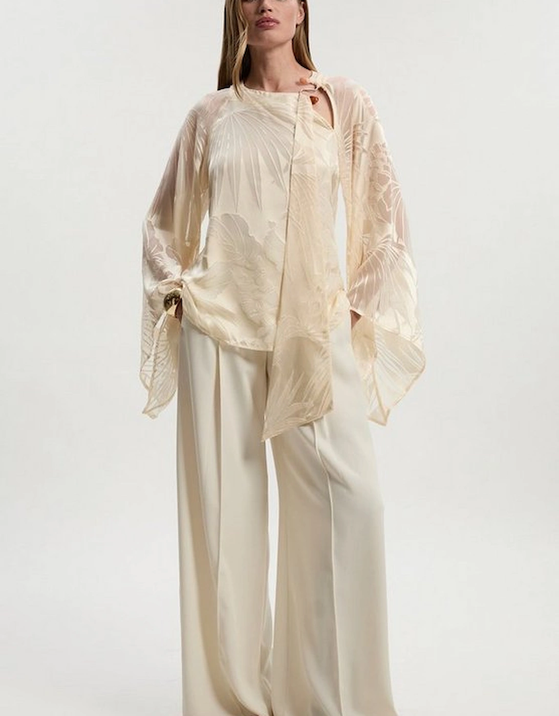 Tall Devoure Flared Sleeve Woven Blouse With Trim Detail, 2 of 1