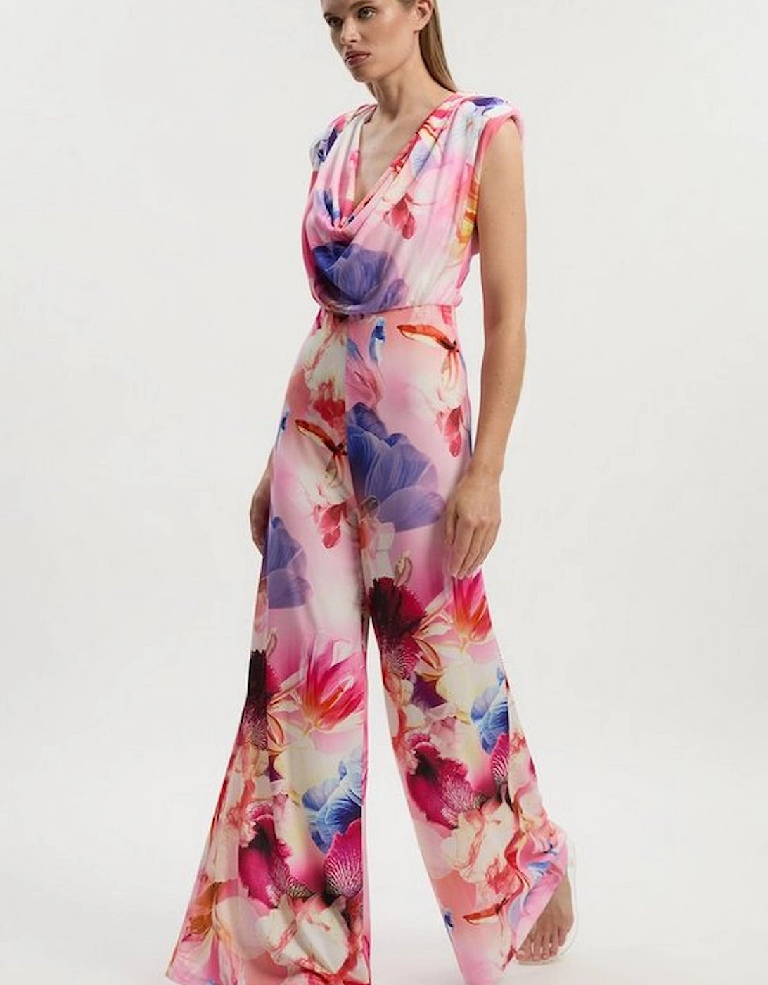 Petite Floral Printed Drapey Jersey Cowl Neck Wide Leg Jumpsuit, 2 of 1