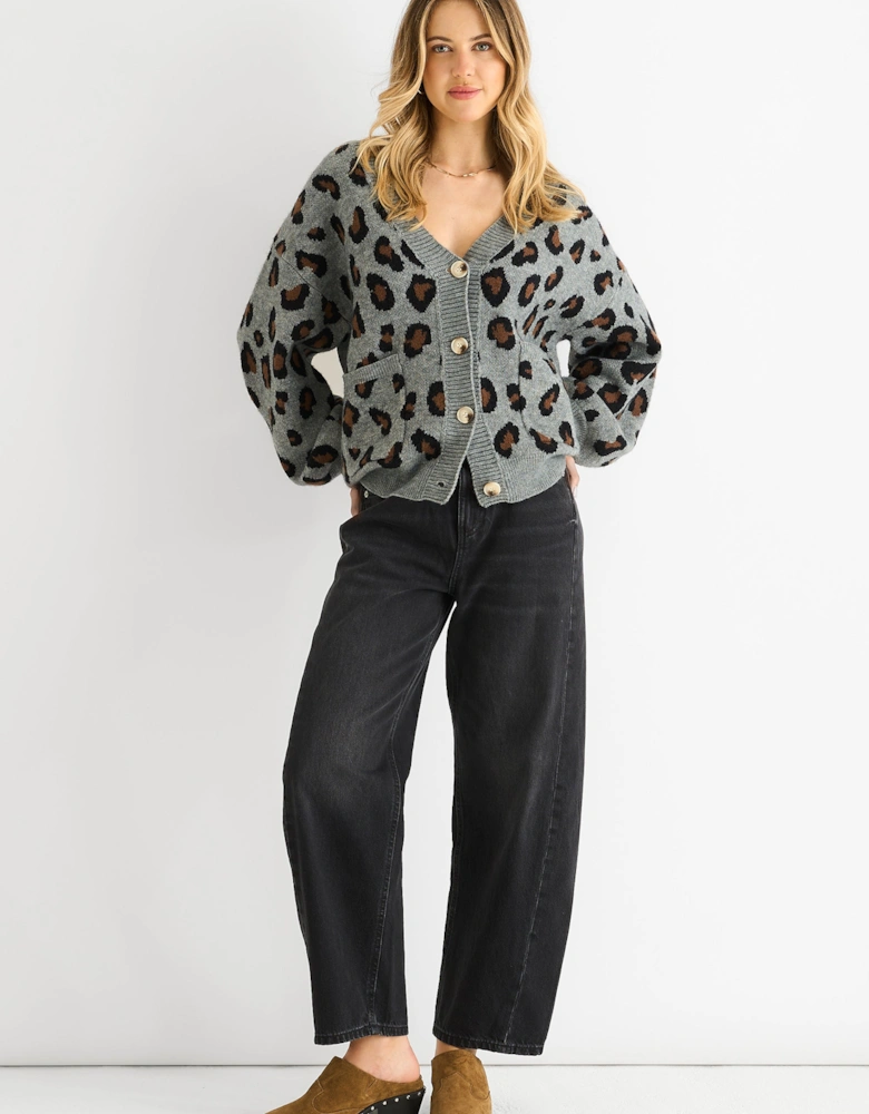 Grey Animal Print Knit Short Cardigan
