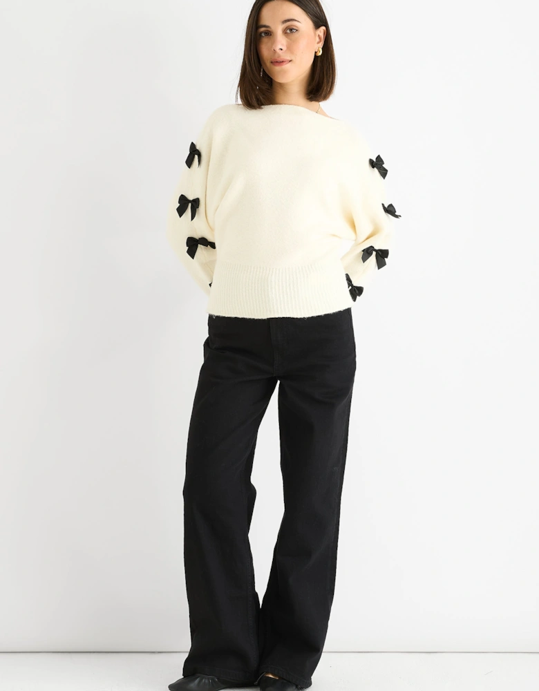 Cream Slash Neck Crop Bow Knit Jumper