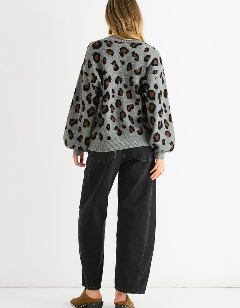 Grey Animal Print Knit Short Cardigan