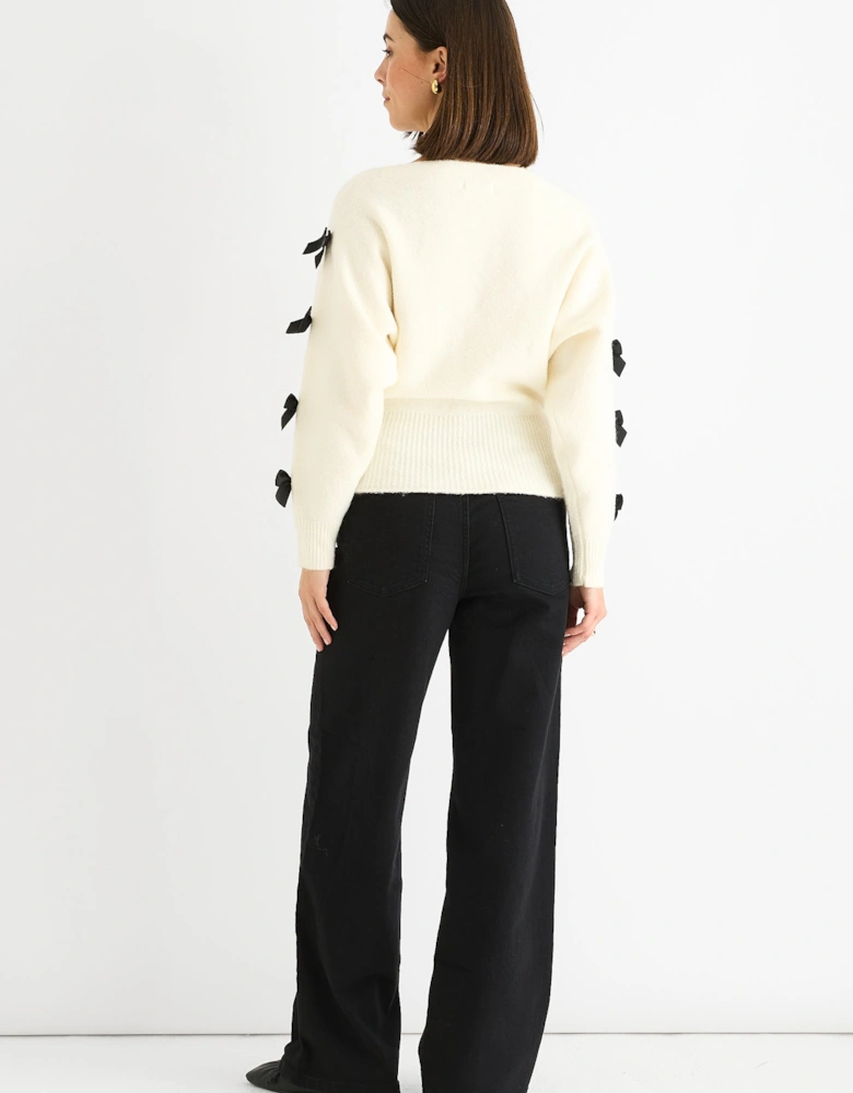 Cream Slash Neck Crop Bow Knit Jumper