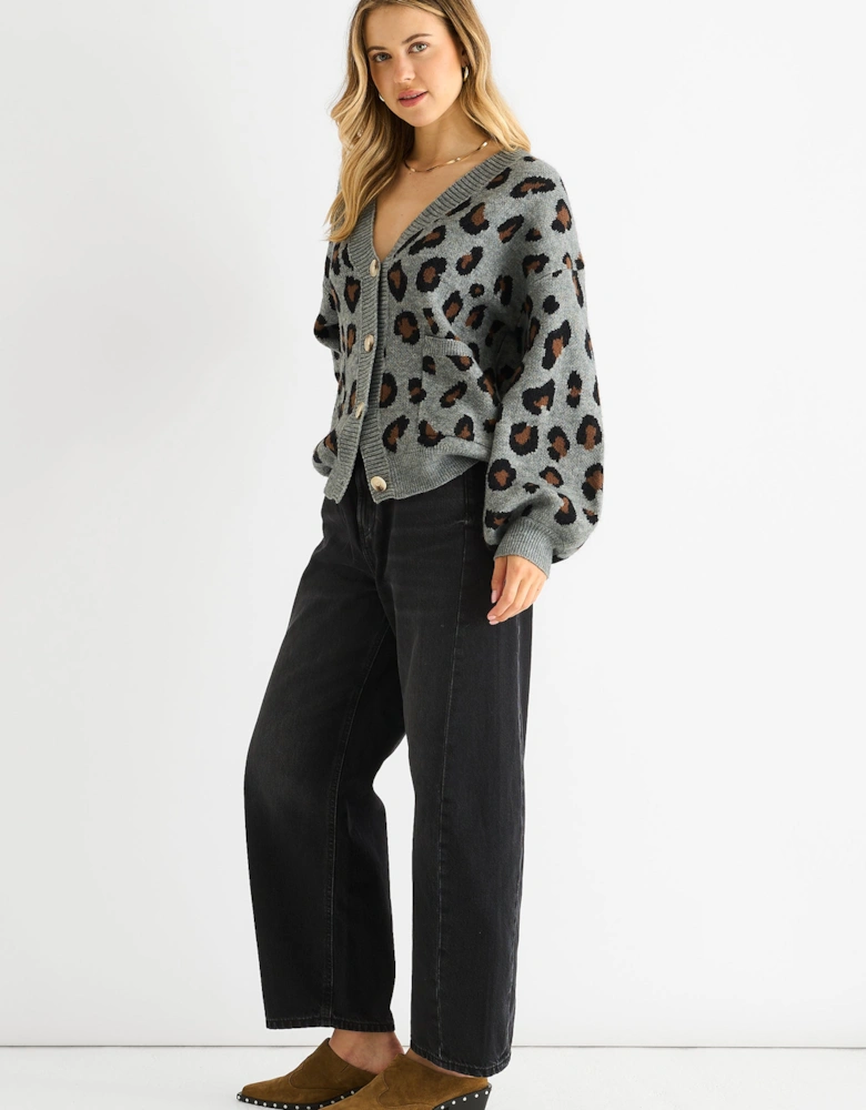 Grey Animal Print Knit Short Cardigan