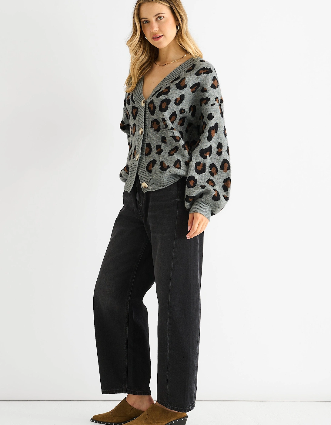 Grey Animal Print Knit Short Cardigan