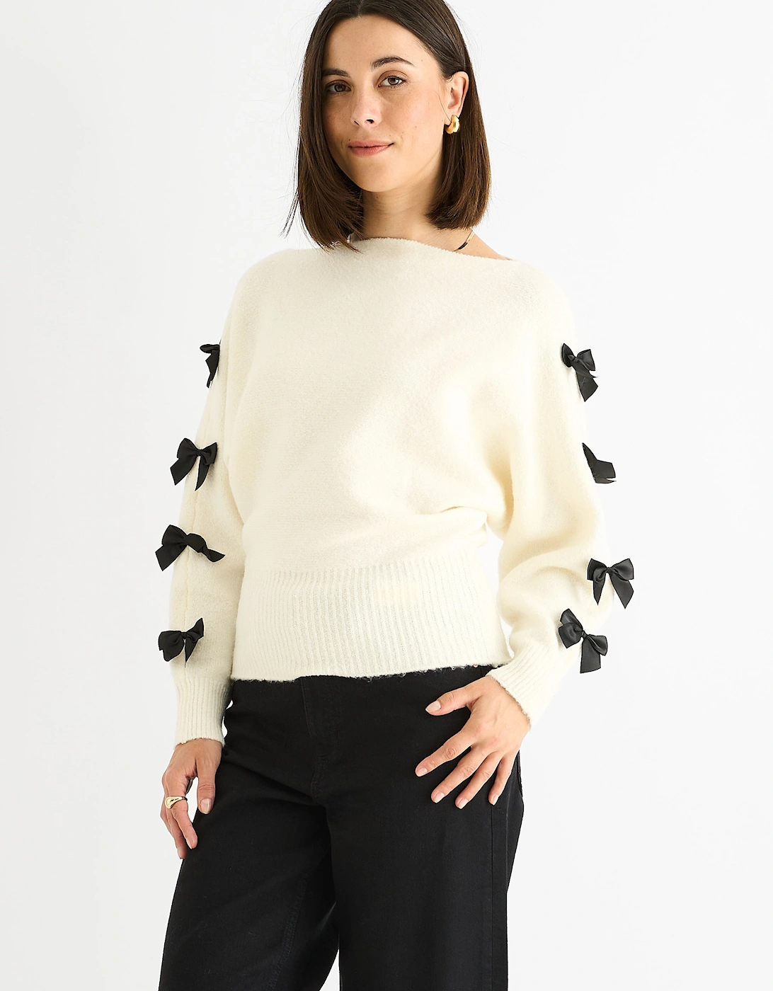 Cream Slash Neck Crop Bow Knit Jumper