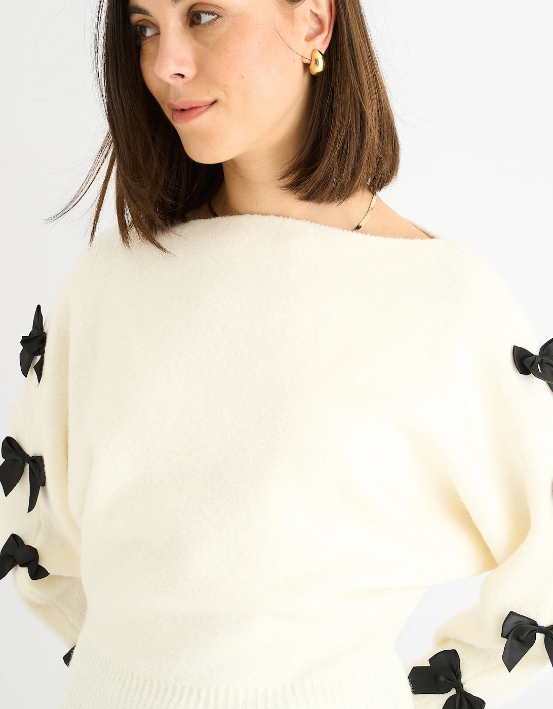 Cream Slash Neck Crop Bow Knit Jumper