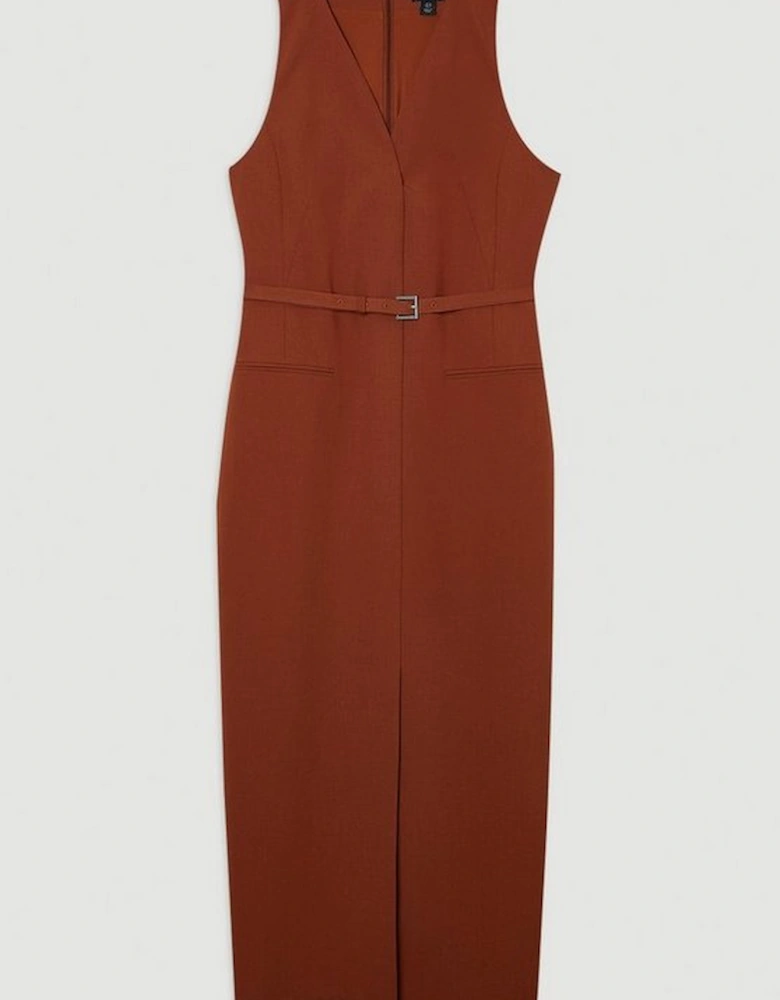 Tailored Twill Essential Sleeveless Belted Pencil Maxi Dress