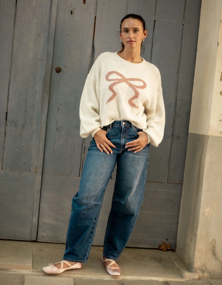 Cream Embossed Contrast Bow Short Knit Jumper
