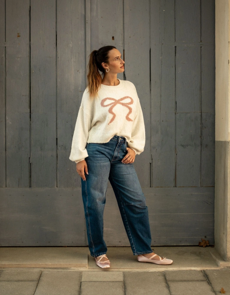 Cream Embossed Contrast Bow Short Knit Jumper