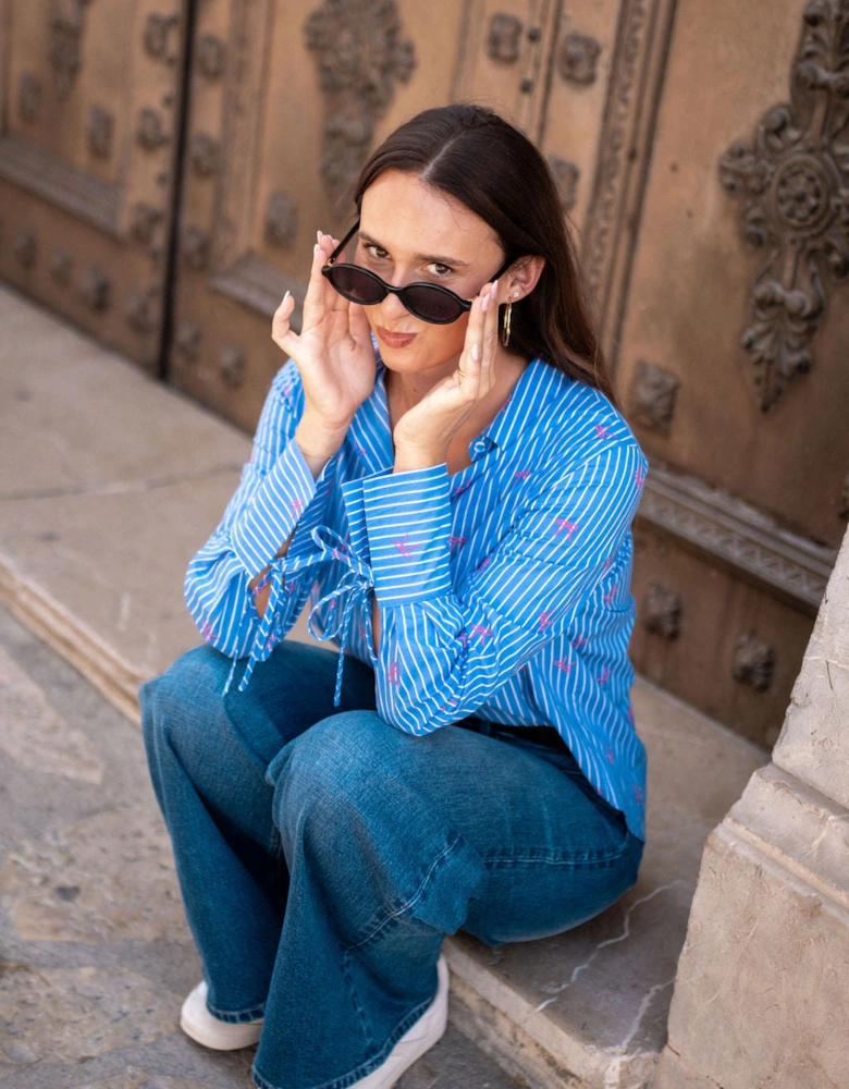Blue Bow Embroidered Extreme Cuff Stripe Shirt