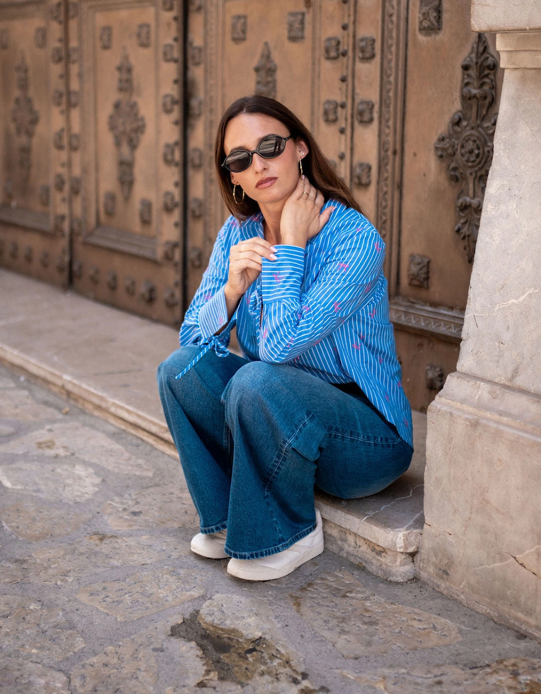 Blue Bow Embroidered Extreme Cuff Stripe Shirt