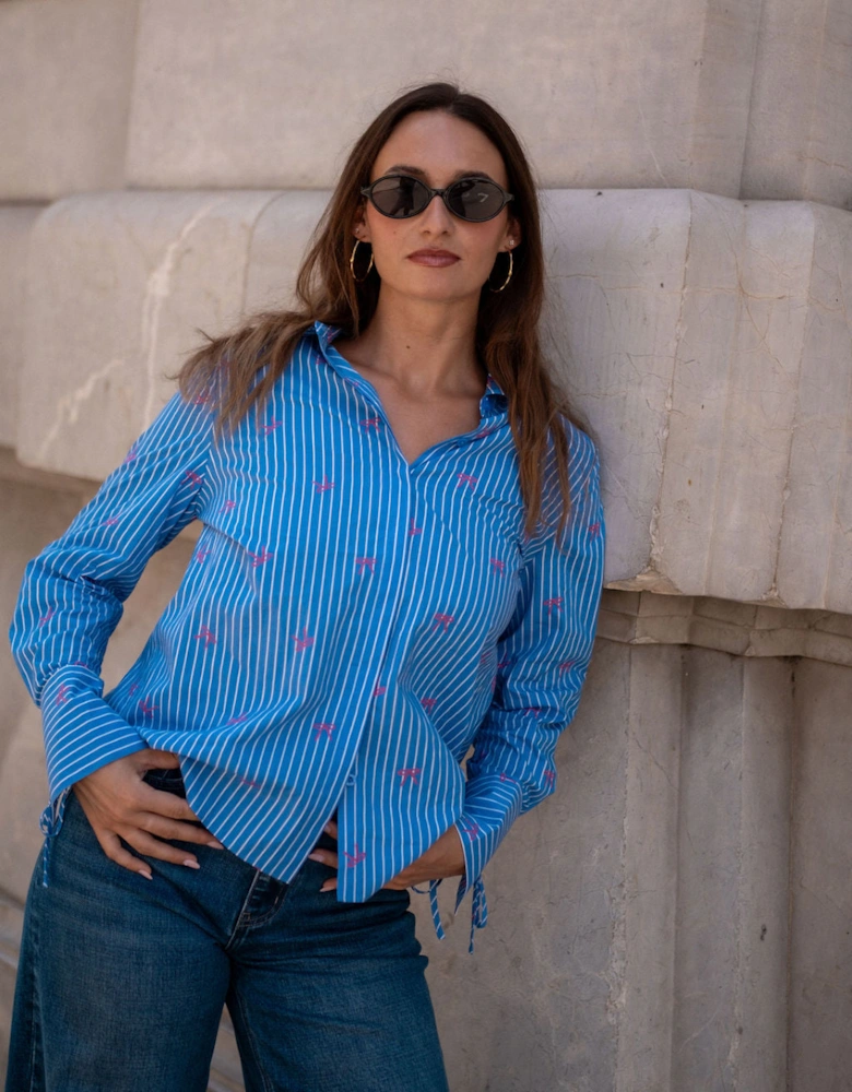 Blue Bow Embroidered Extreme Cuff Stripe Shirt