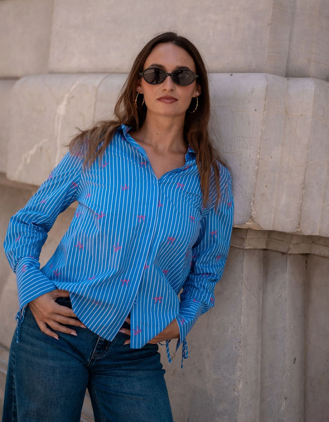 Blue Bow Embroidered Extreme Cuff Stripe Shirt