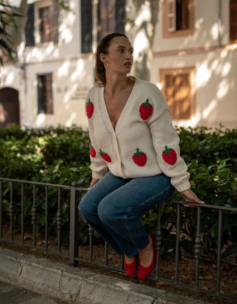 Cream Contrast Strawberry Knitted Short Cardigan