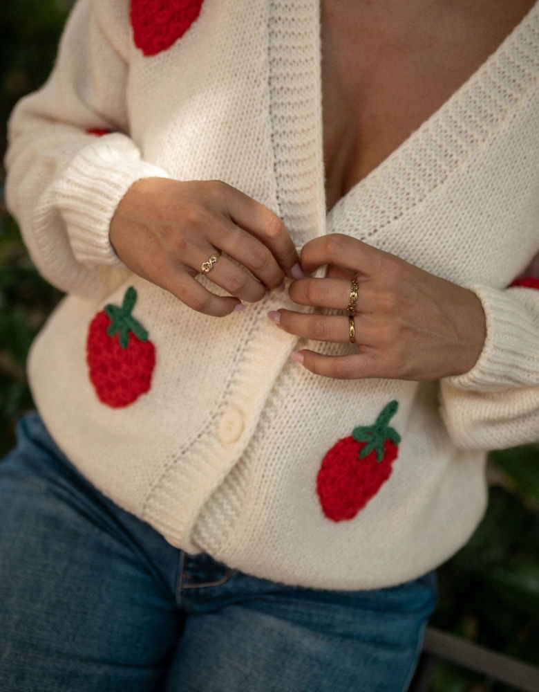 Cream Contrast Strawberry Knitted Short Cardigan