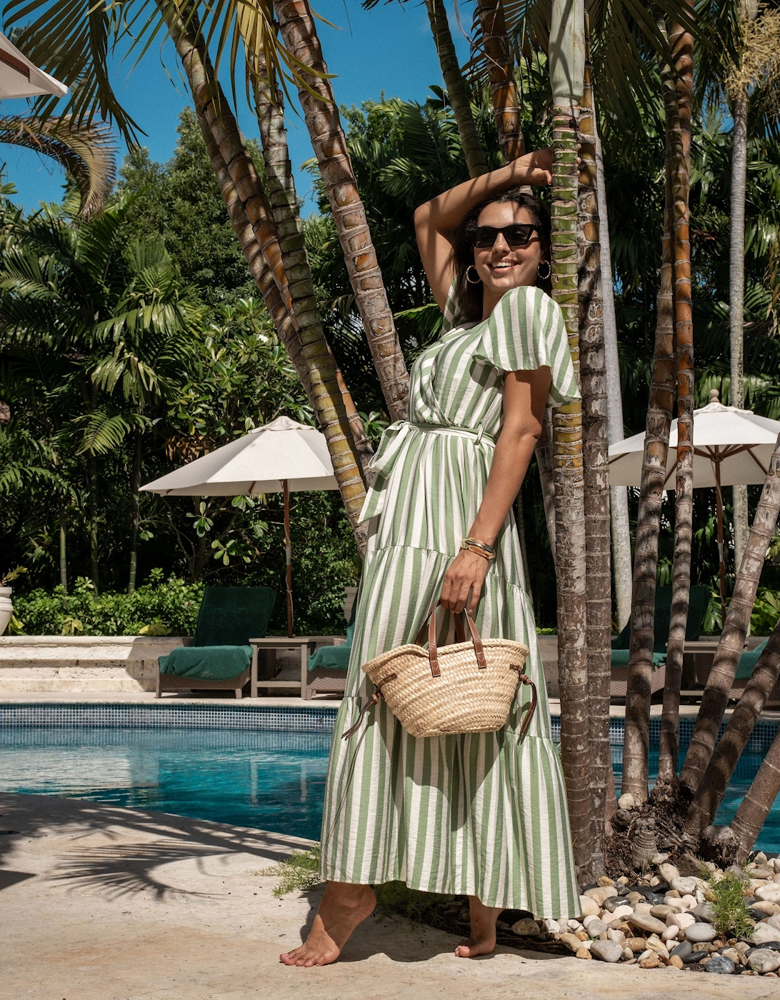 Sage Green Stripe Wrap Belted Viscose Midi Dress