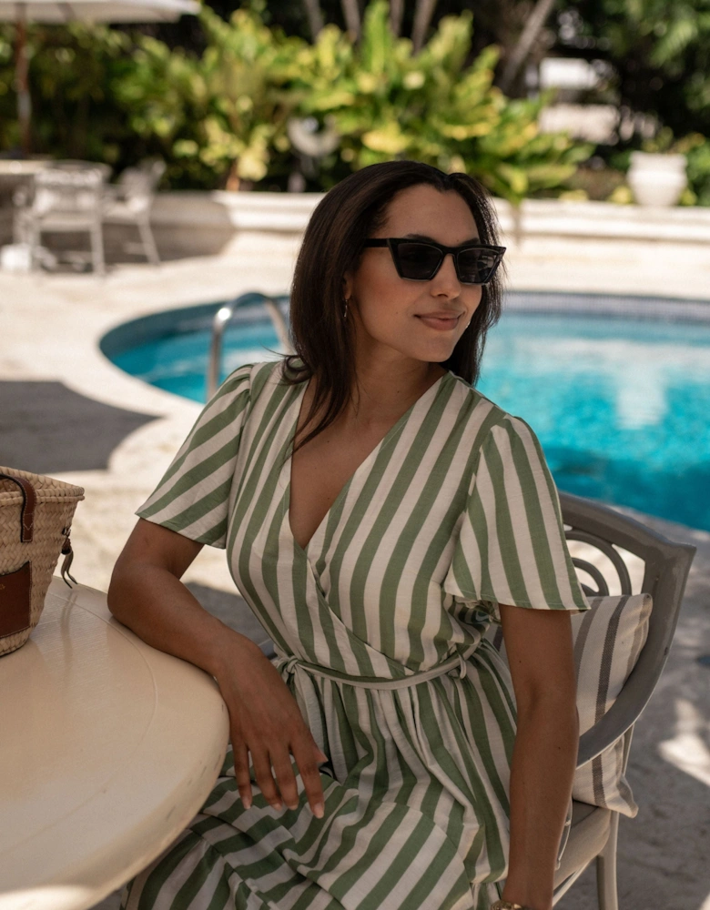 Sage Green Stripe Wrap Belted Viscose Midi Dress