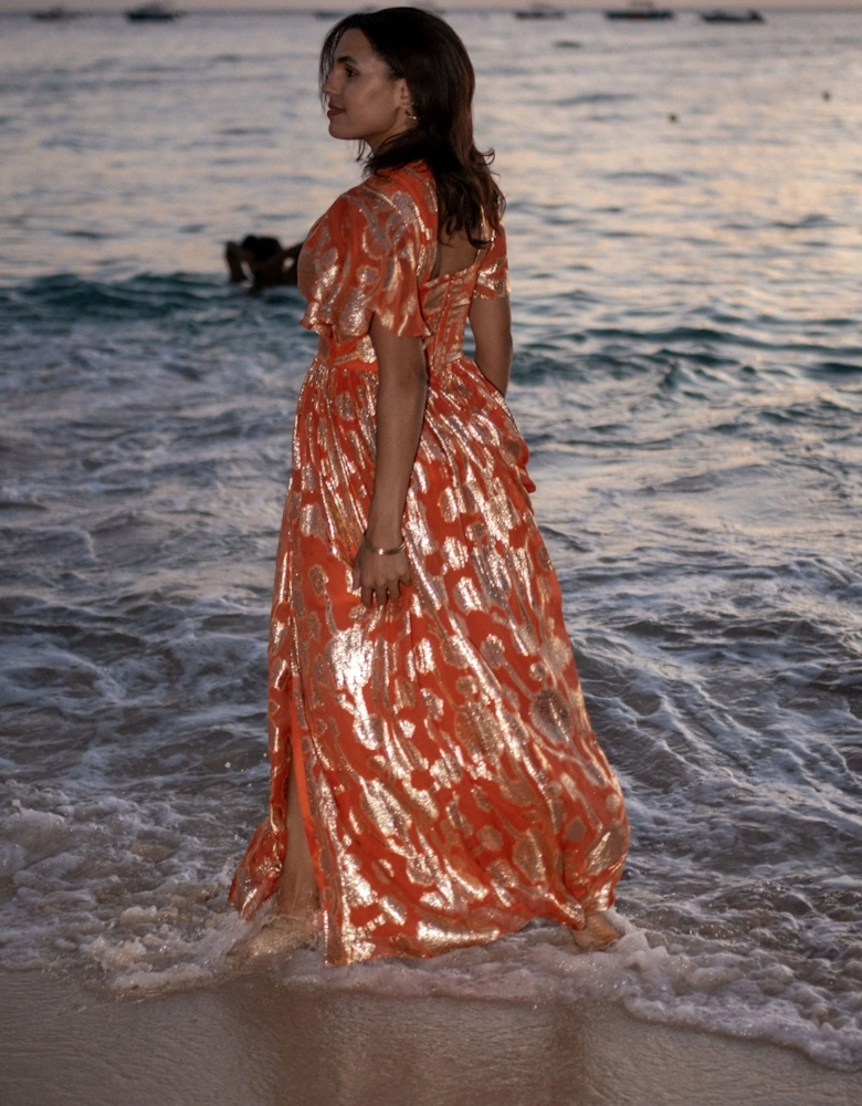 Orange Metallic Jacquard Flutter Sleeves Floral Maxi Dress