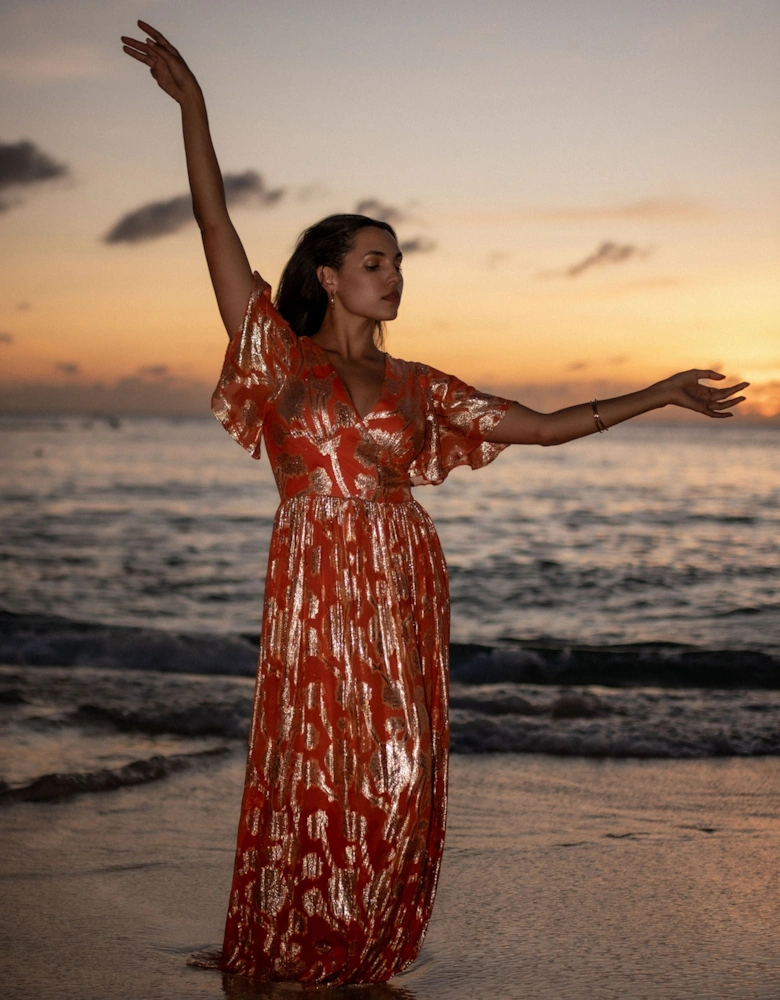 Orange Metallic Jacquard Flutter Sleeves Floral Maxi Dress