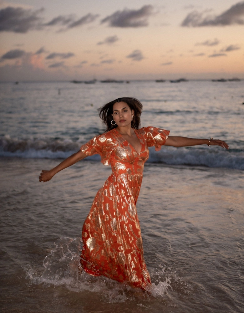 Orange Metallic Jacquard Flutter Sleeves Floral Maxi Dress