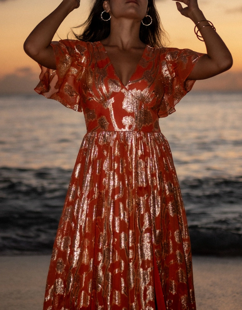 Orange Metallic Jacquard Flutter Sleeves Floral Maxi Dress