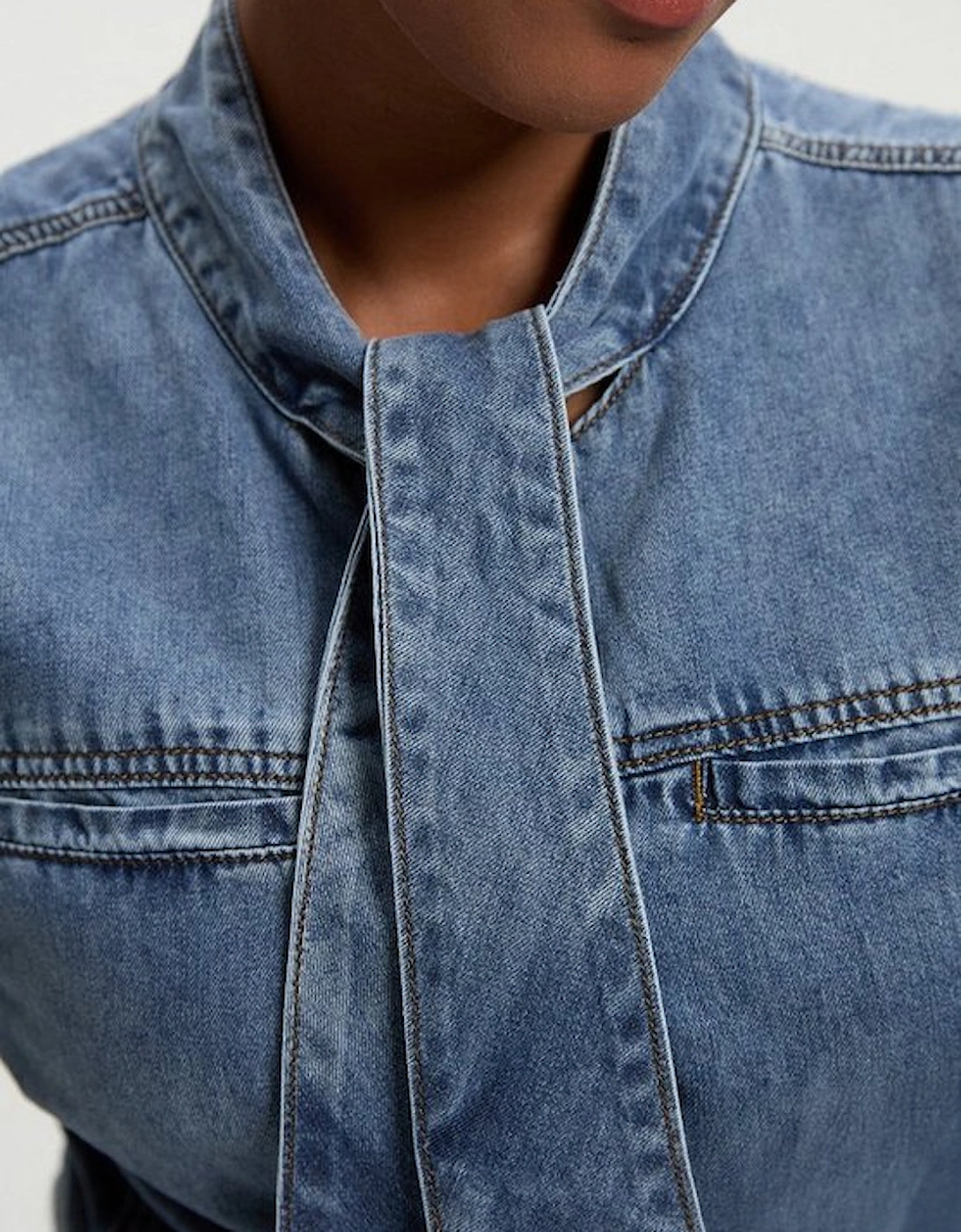 Plus Size Denim Pussy Bow Blouse