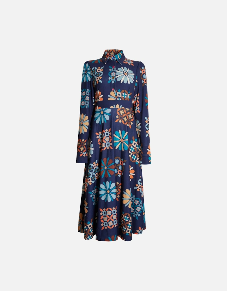 Jewelled Button Print Midi Dress Navy