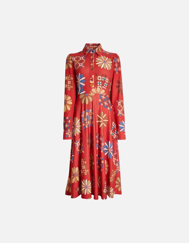 Jewelled Button Print Midi Dress Red