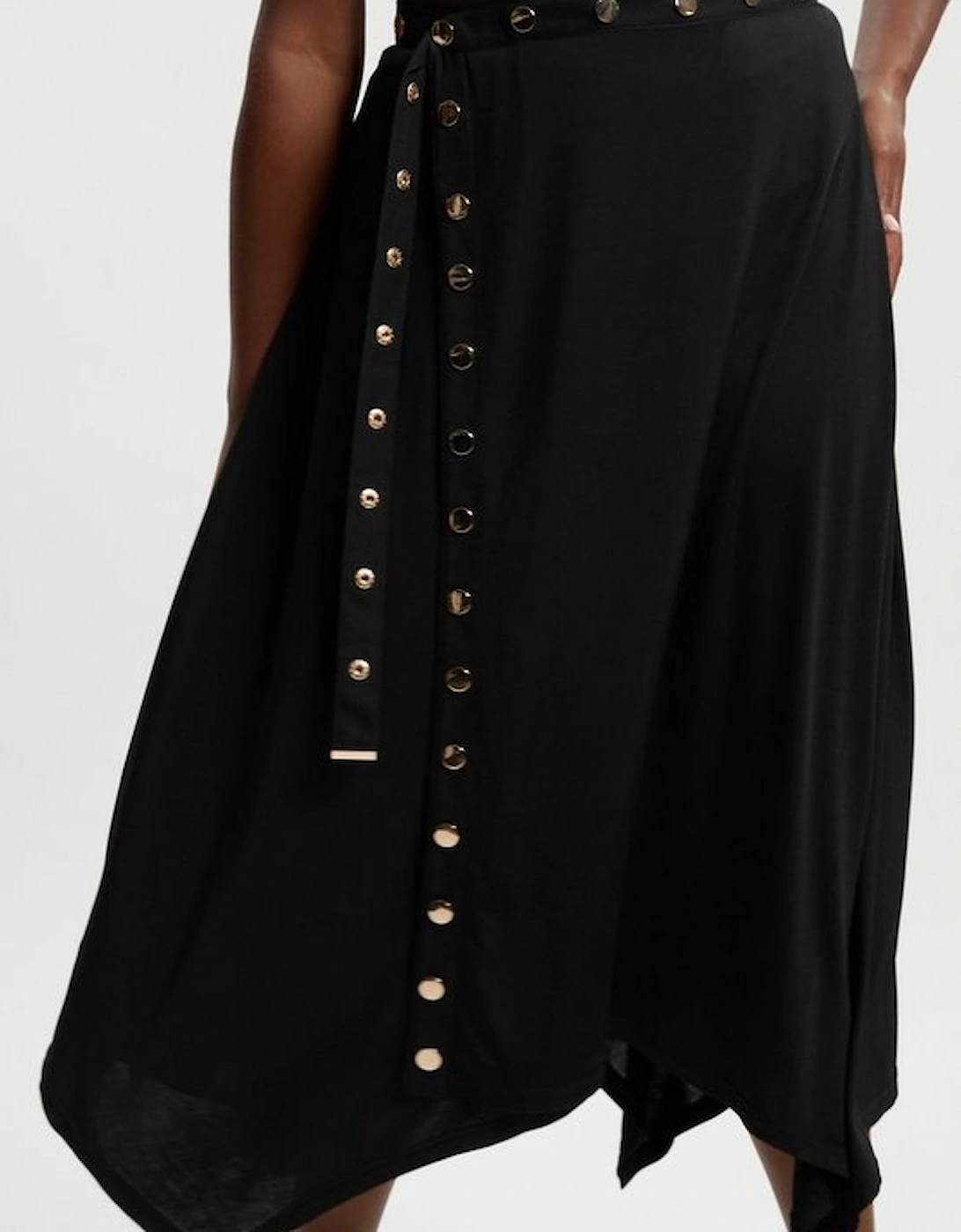 Plus Size Drapey Crepe Hanky Hem Eyelet Detail Maxi Skirt