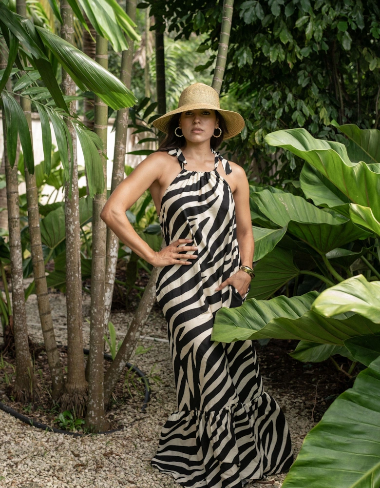 Mono Zebra Print Tie Shoulder Maxi Dress