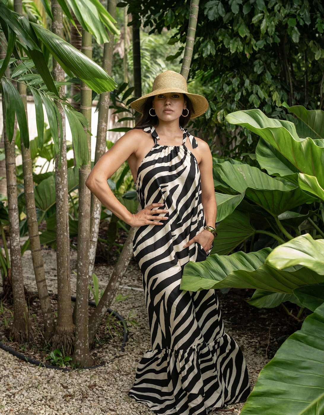 Mono Zebra Print Tie Shoulder Maxi Dress