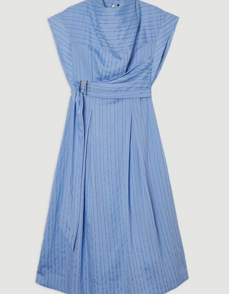 Cotton Stripe High Neck Belted Woven Midi Shirt Dress